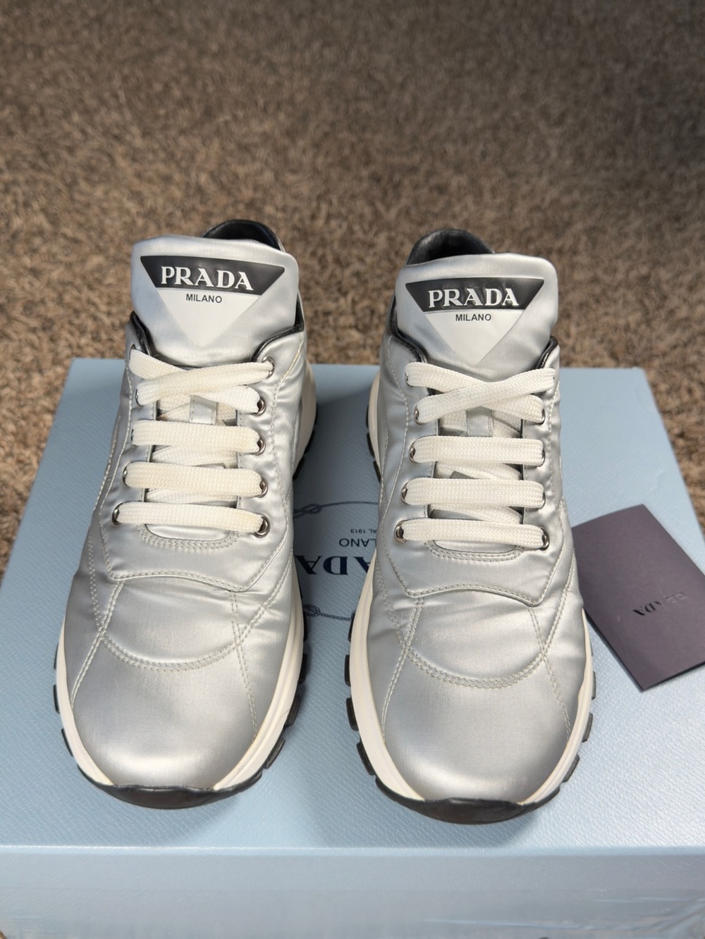 Prada Metallic Silver Quilted Nylon Sneakers Women size 35.5 ( USA size 5.5)